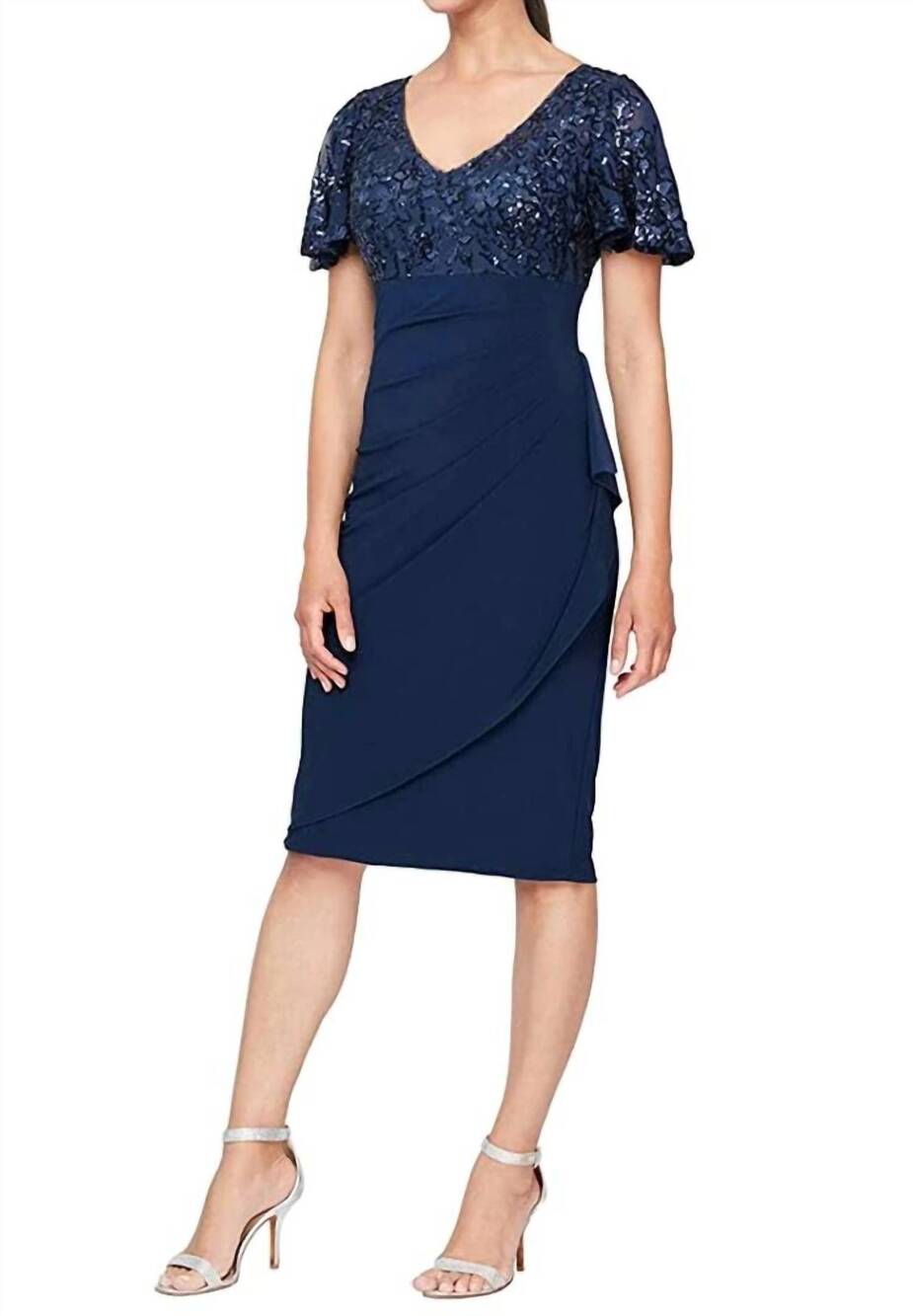 NEW ALEX EVENINGS sequin bodice empire waist midi dress in navy